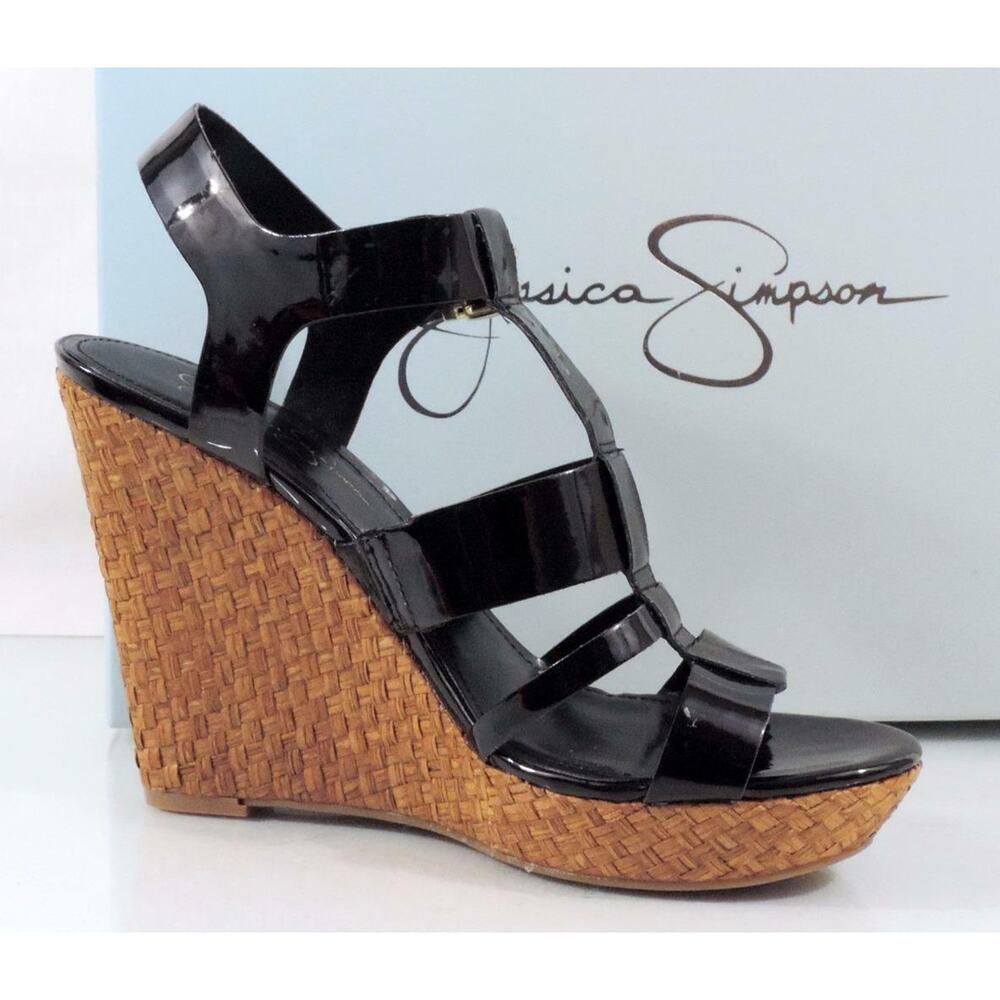 Jessica Simpson Casie 2 Platform Wedge Sandal Heels Black Patent Size 10 - Picture 2 of 8